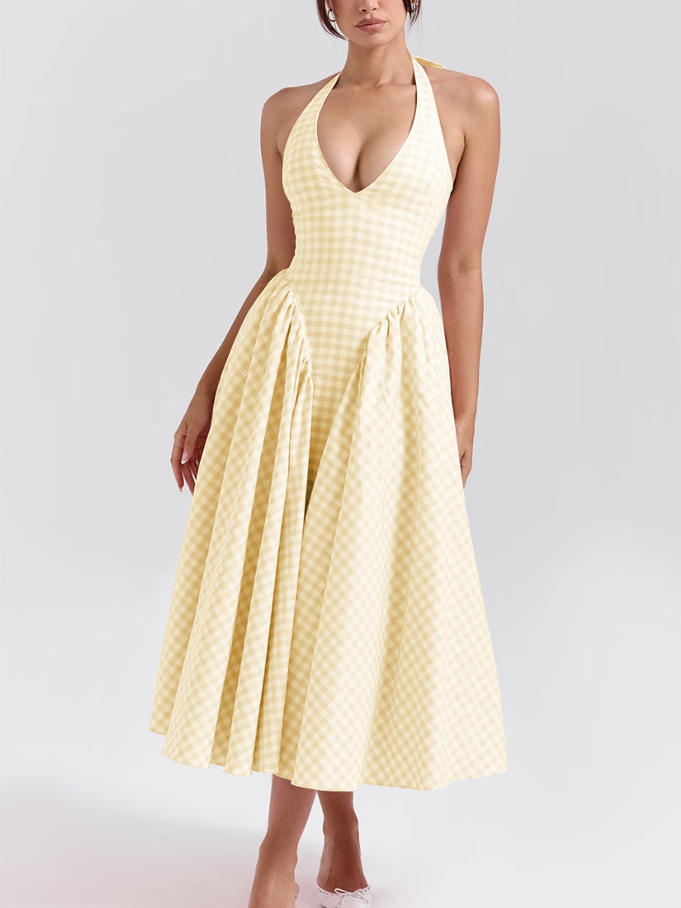 Women Pink Plaid Halterneck Deep V Neckline Midi Dress For Summer Parties and Events