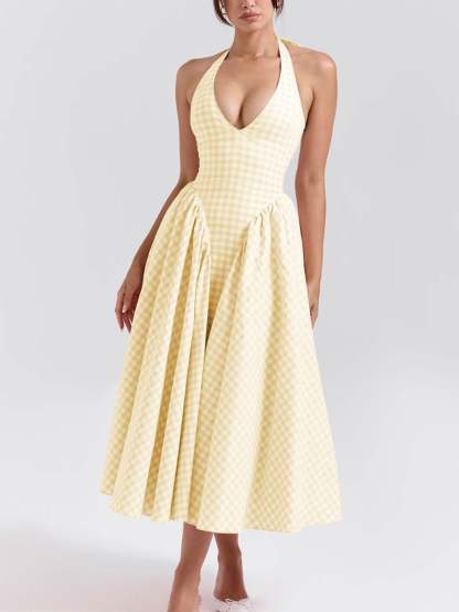 Women Pink Plaid Halterneck Deep V Neckline Midi Dress For Summer Parties and Events