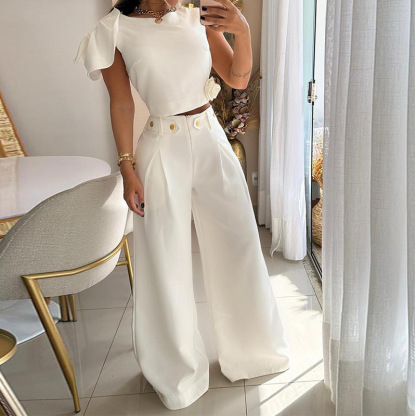 Women's Fashion Simple Lapel Shirt Navel Button Casual Suit Pants Two Pieces