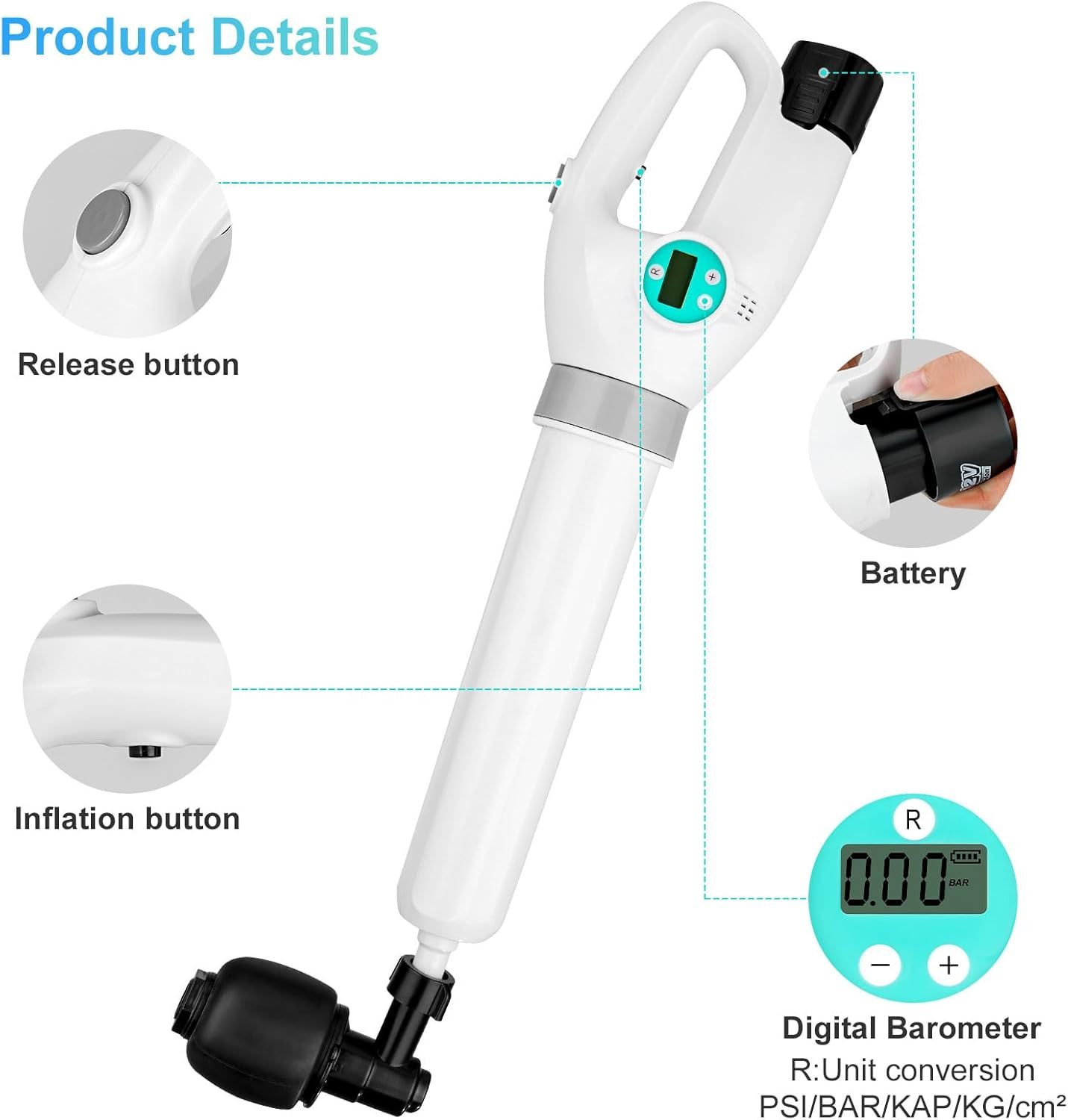 Yirenhouse Electric Toilet Plunger, High Pressure Air Drain Blaster with Digital Barometer, Cordless Drain Clog Remover Air Plunger with 4 Heads for Toilet Bathroom Kitchen Clogged Pipe Floor Drain