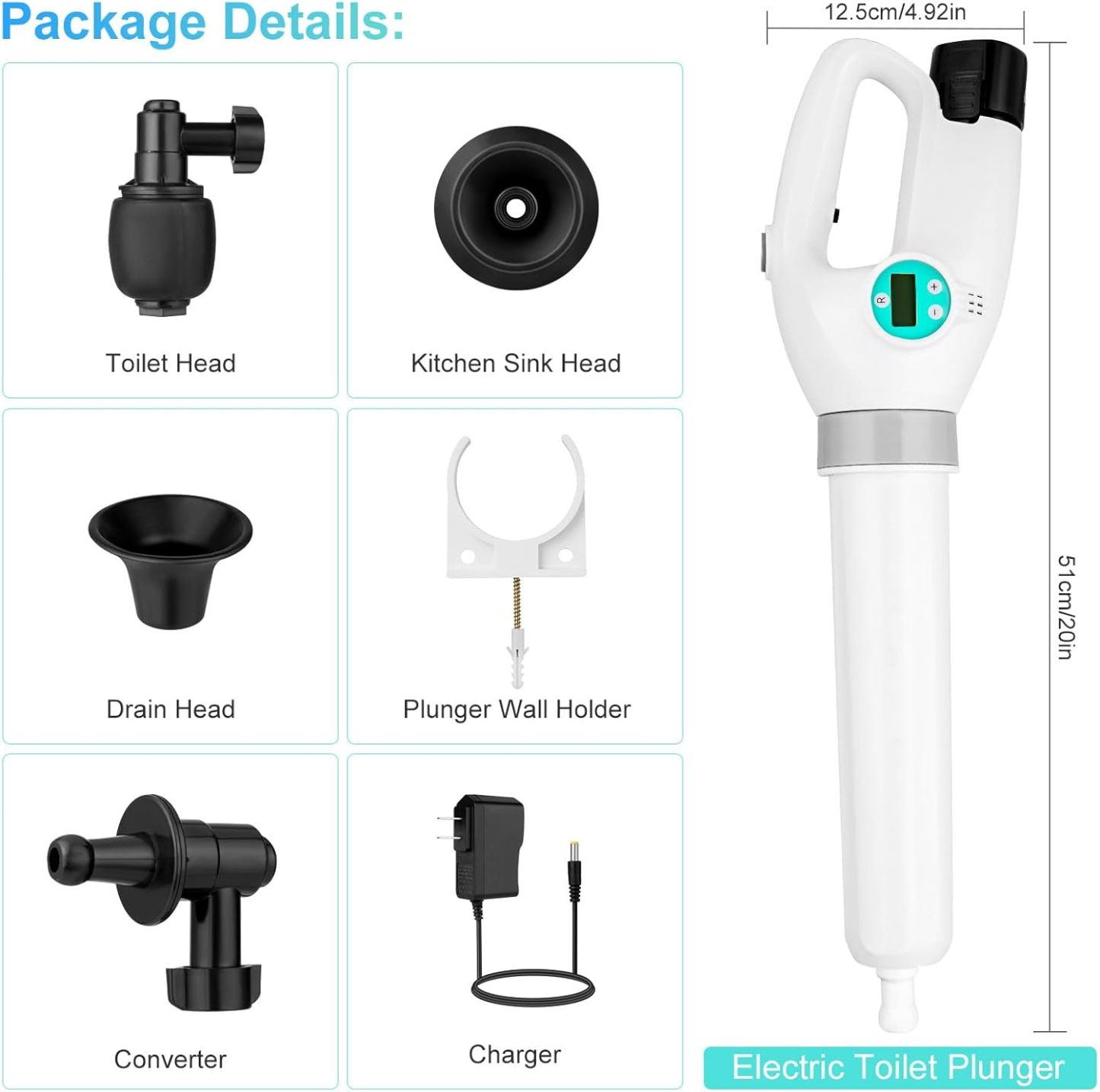 Yirenhouse Electric Toilet Plunger, High Pressure Air Drain Blaster with Digital Barometer, Cordless Drain Clog Remover Air Plunger with 4 Heads for Toilet Bathroom Kitchen Clogged Pipe Floor Drain