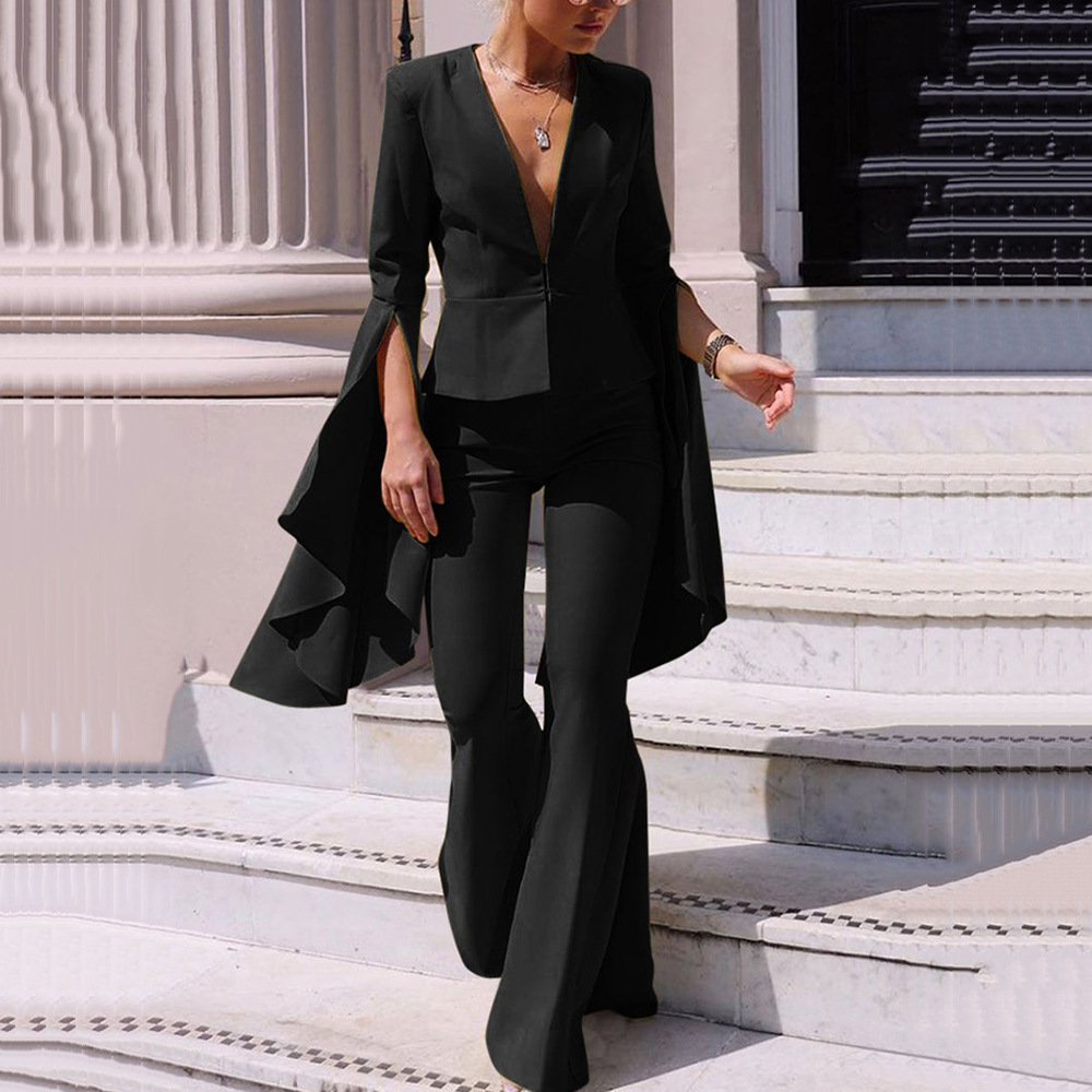 Women's Fashion Simple Lapel Shirt Navel Button Casual Suit Pants Two Pieces