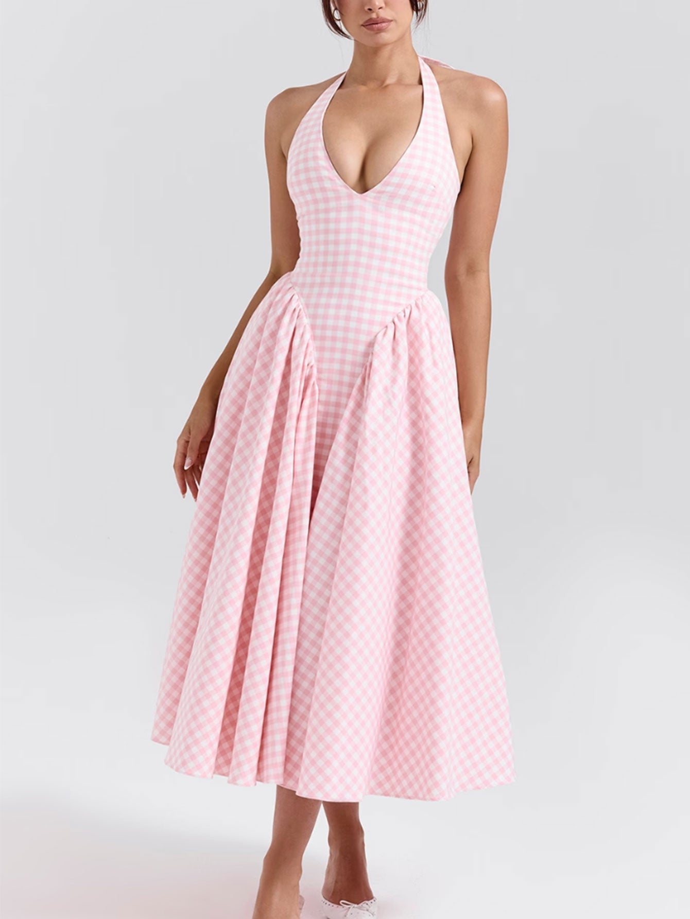 Women Pink Plaid Halterneck Deep V Neckline Midi Dress For Summer Parties and Events