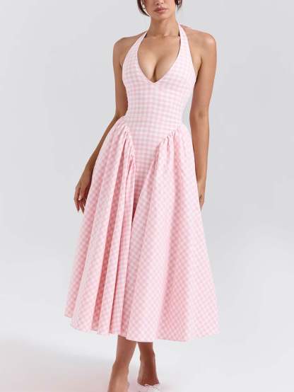 Women Pink Plaid Halterneck Deep V Neckline Midi Dress For Summer Parties and Events