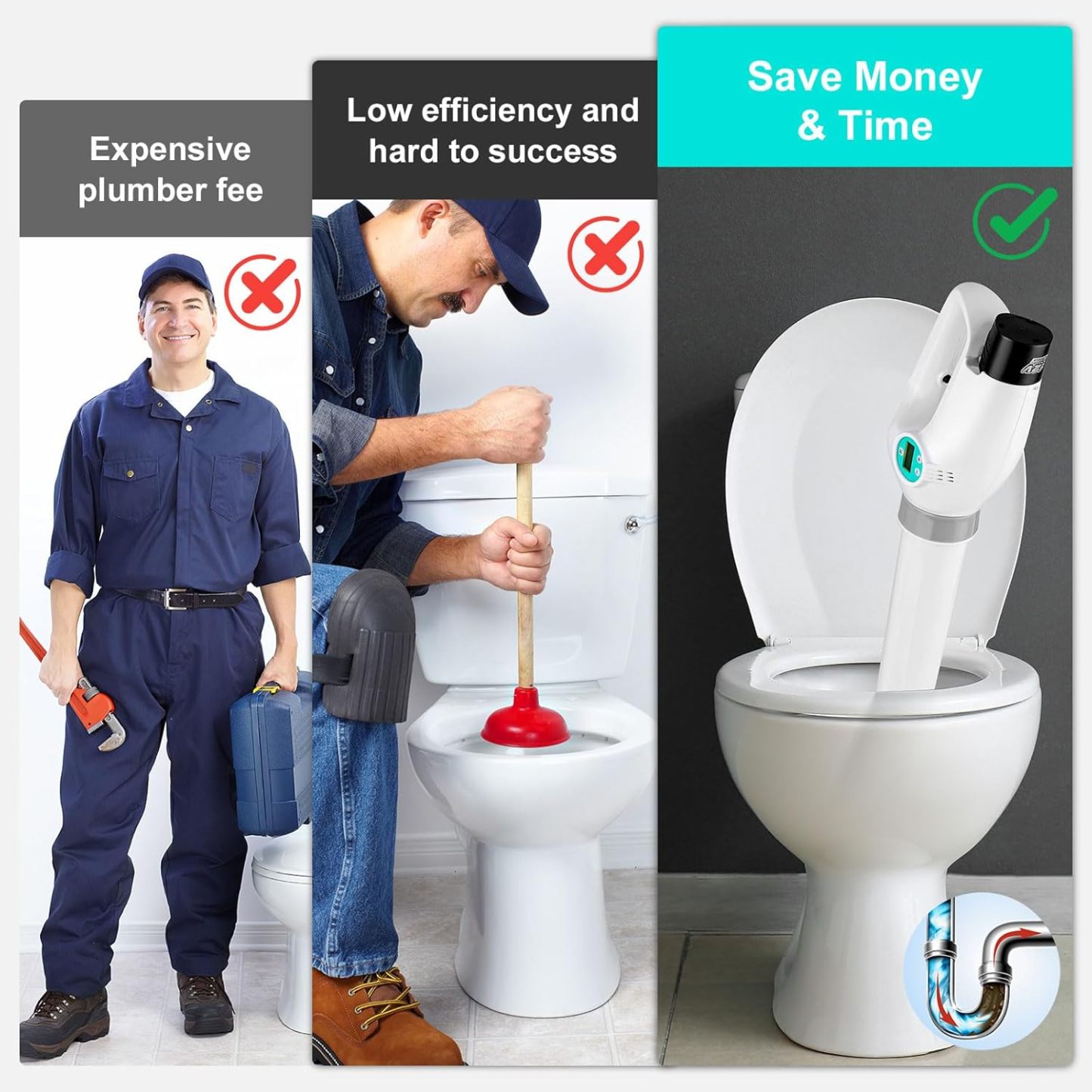 Yirenhouse Electric Toilet Plunger, High Pressure Air Drain Blaster with Digital Barometer, Cordless Drain Clog Remover Air Plunger with 4 Heads for Toilet Bathroom Kitchen Clogged Pipe Floor Drain