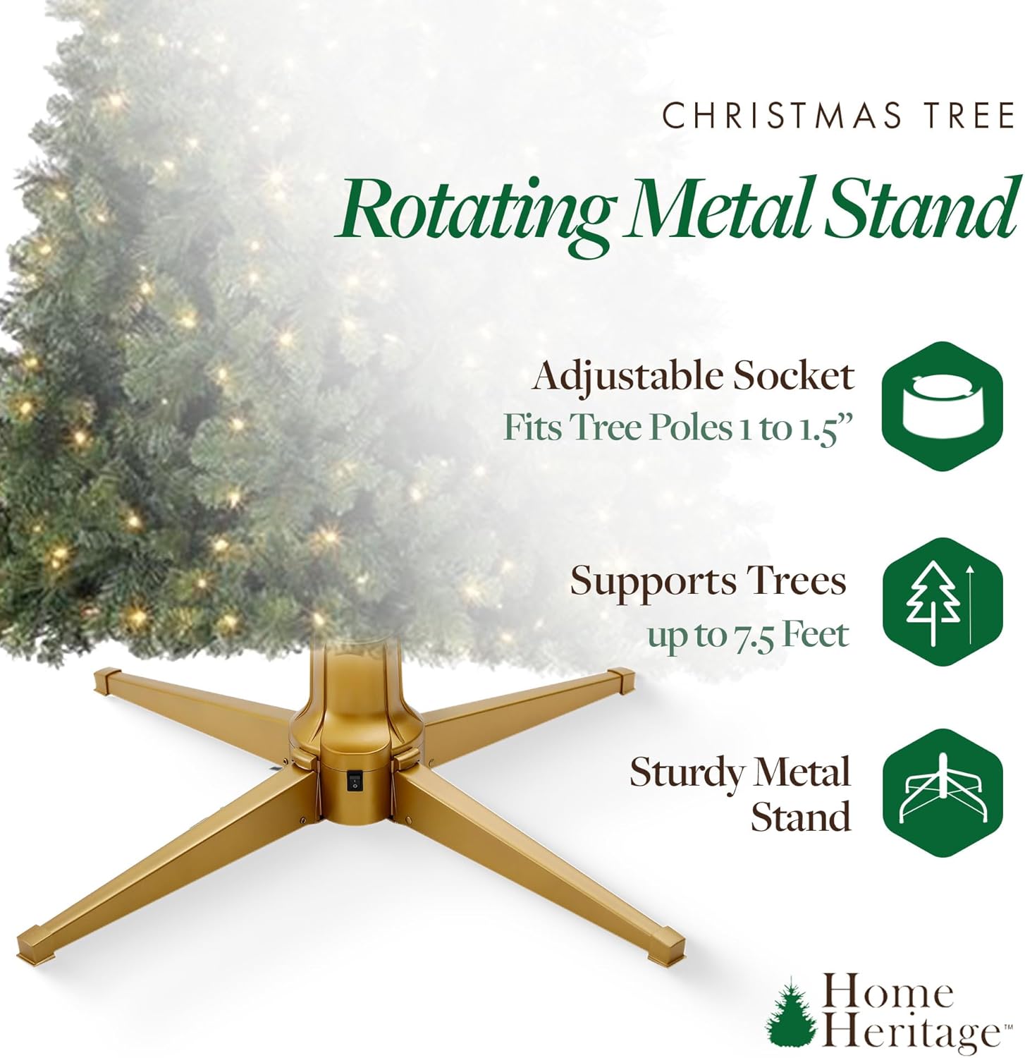 Home Heritage Artificial Christmas Tree Base Rotating Metal Stand for 1 to 1 1/2 Inch Diameter Artificial Christmas Tree Poles, 31 Inch, Green
