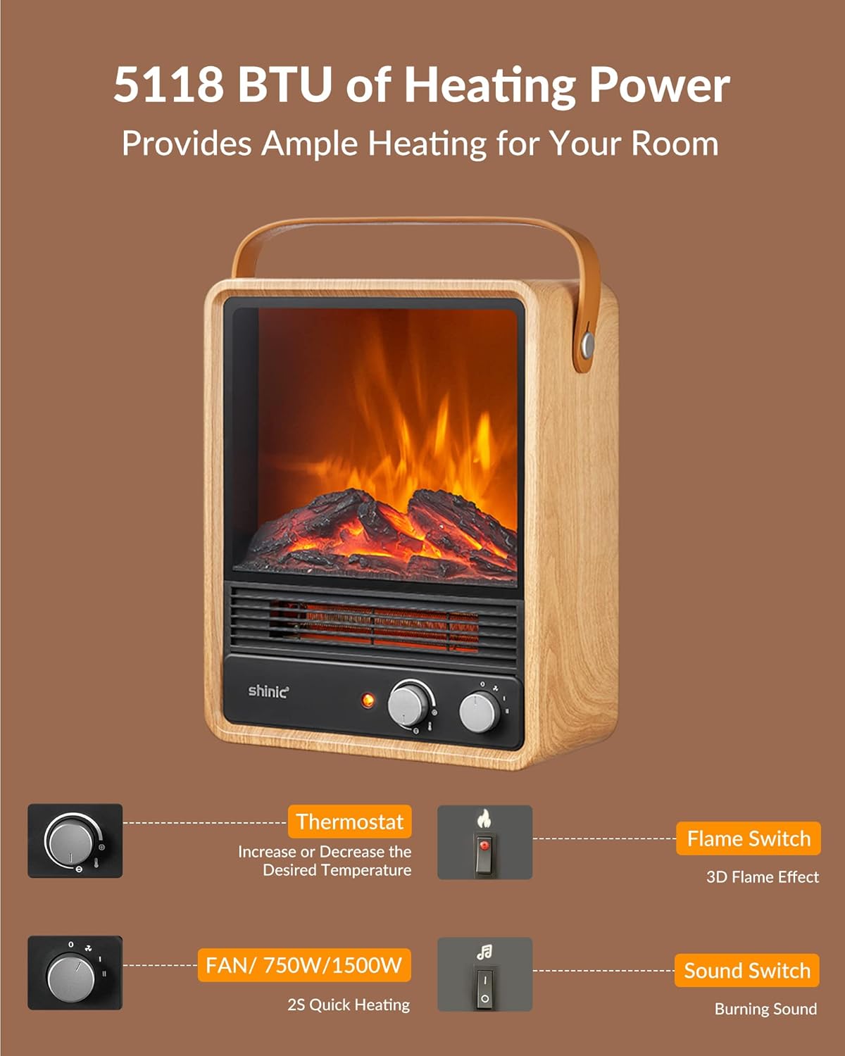 Electric Fireplace Heaters for Indoor Use,1500W Space Heater Fireplace with Realistic Flame & Fire Crackling Sound, Safety Protection, Portable Fireplace Heater for Home Office Christmas Decoration