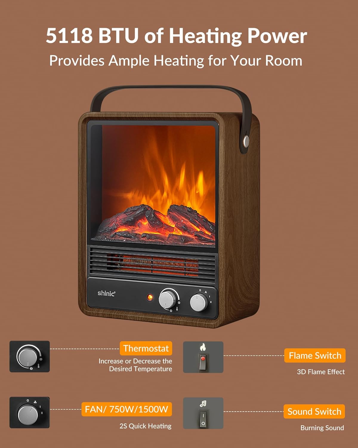 Electric Fireplace Heaters for Indoor Use,1500W Space Heater Fireplace with Realistic Flame & Fire Crackling Sound, Safety Protection, Portable Fireplace Heater for Home Office Christmas Decoration