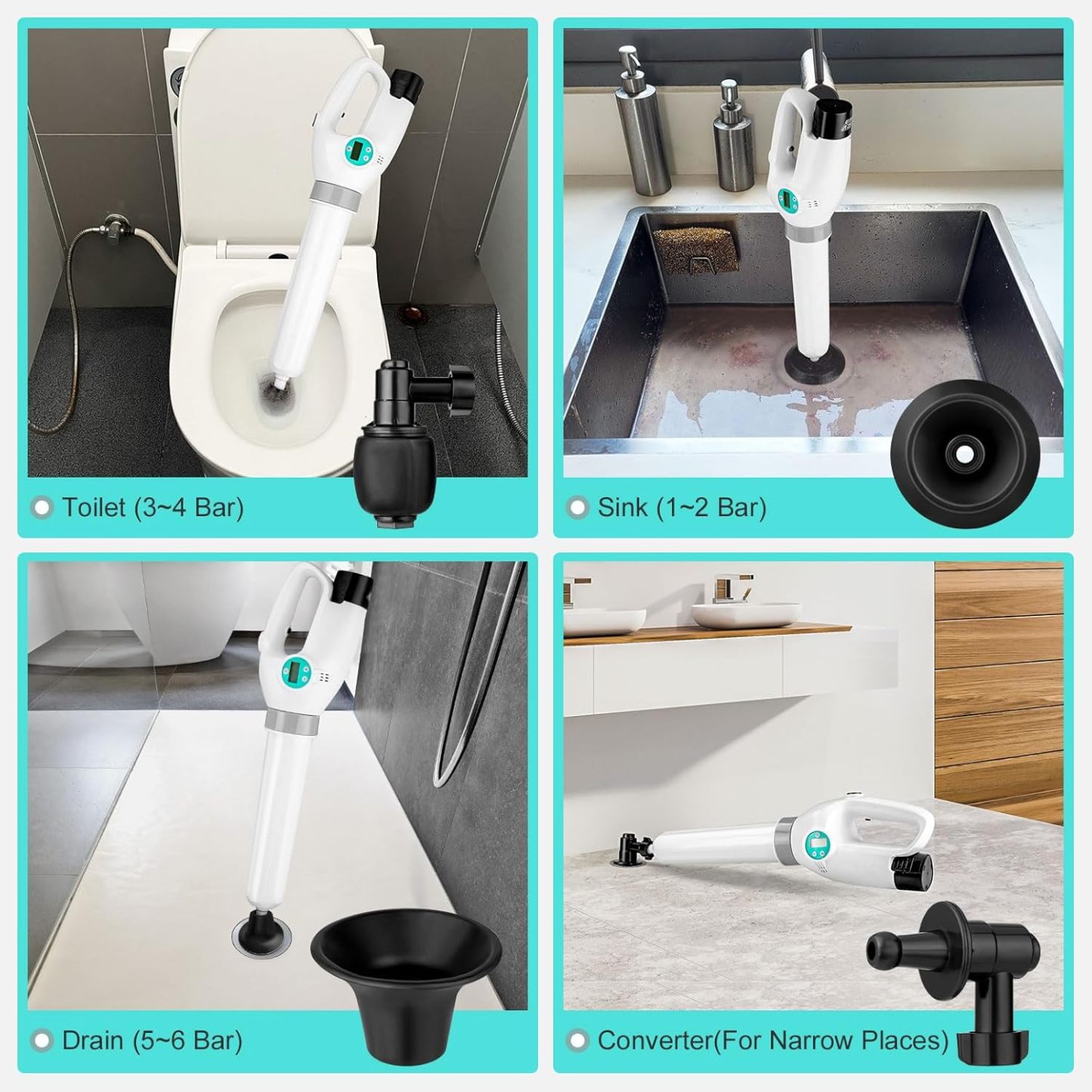 Yirenhouse Electric Toilet Plunger, High Pressure Air Drain Blaster with Digital Barometer, Cordless Drain Clog Remover Air Plunger with 4 Heads for Toilet Bathroom Kitchen Clogged Pipe Floor Drain