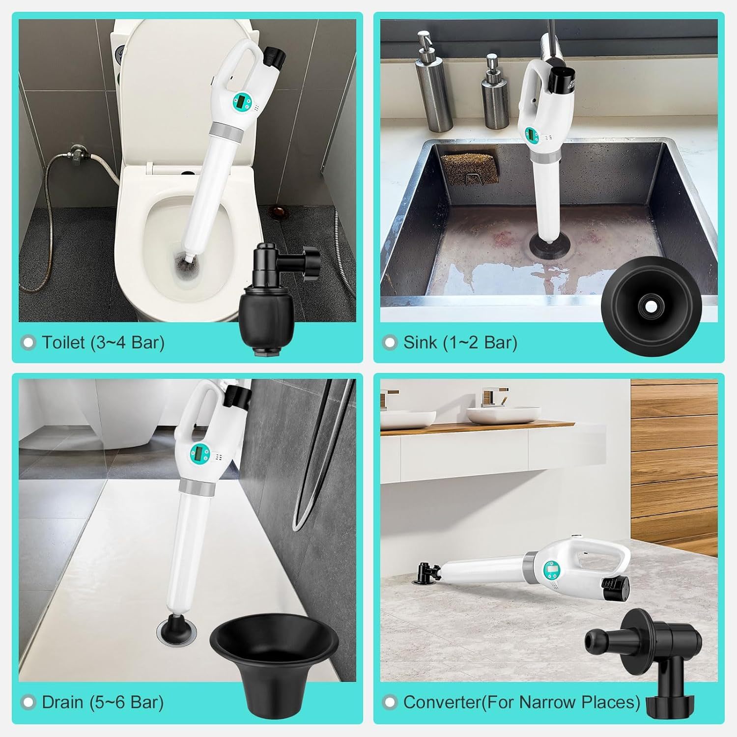 Yirenhouse Electric Toilet Plunger, High Pressure Air Drain Blaster with Digital Barometer, Cordless Drain Clog Remover Air Plunger with 4 Heads for Toilet Bathroom Kitchen Clogged Pipe Floor Drain