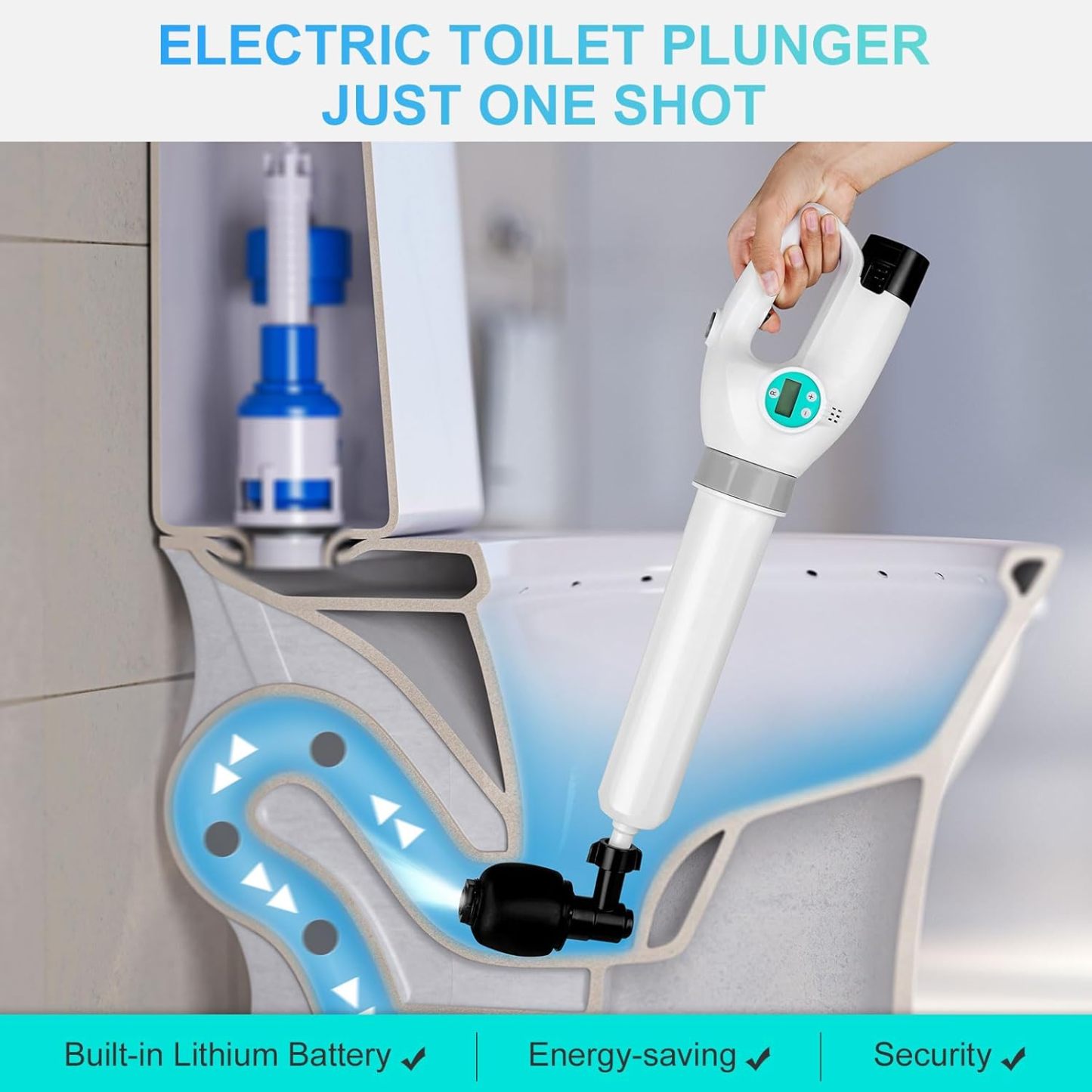 Yirenhouse Electric Toilet Plunger, High Pressure Air Drain Blaster with Digital Barometer, Cordless Drain Clog Remover Air Plunger with 4 Heads for Toilet Bathroom Kitchen Clogged Pipe Floor Drain