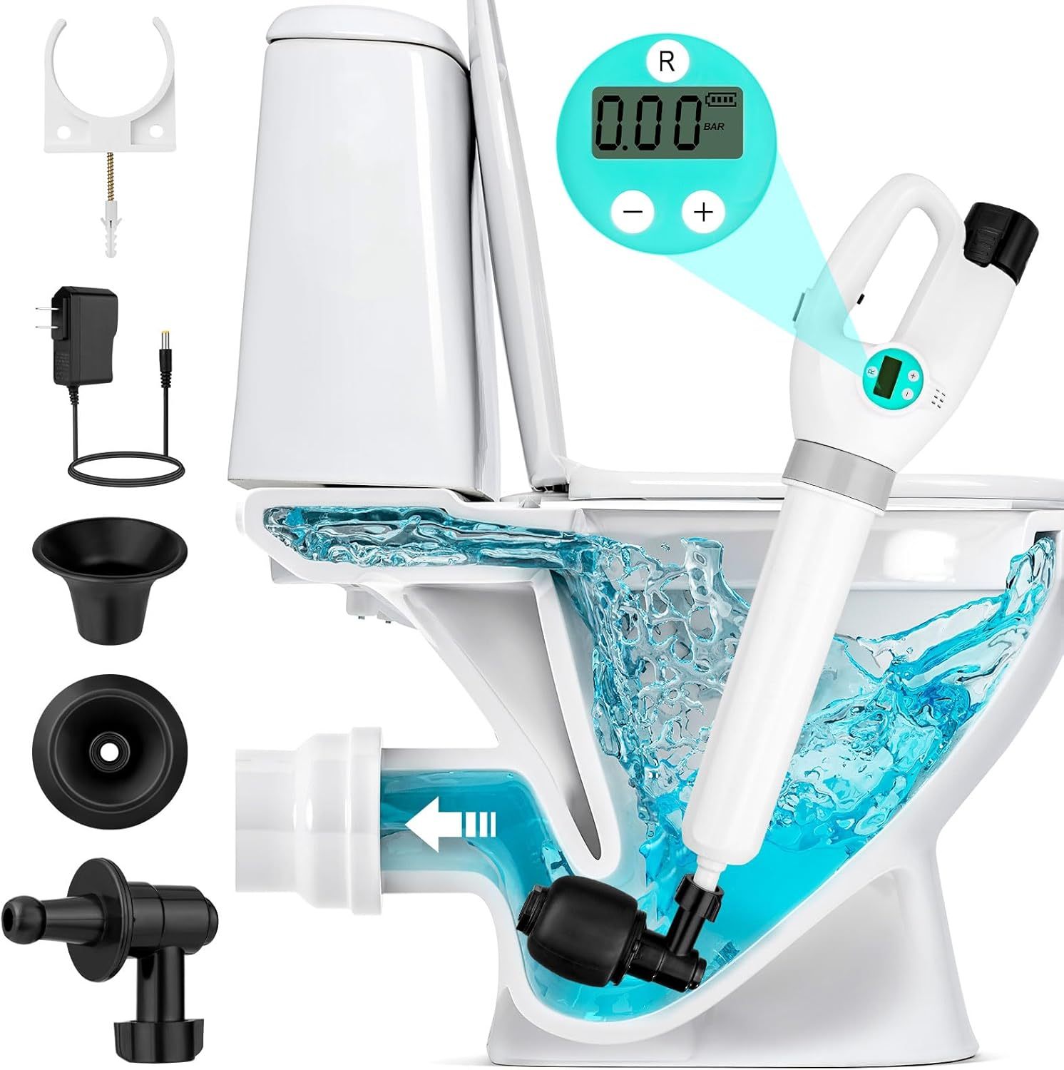 Yirenhouse Electric Toilet Plunger, High Pressure Air Drain Blaster with Digital Barometer, Cordless Drain Clog Remover Air Plunger with 4 Heads for Toilet Bathroom Kitchen Clogged Pipe Floor Drain