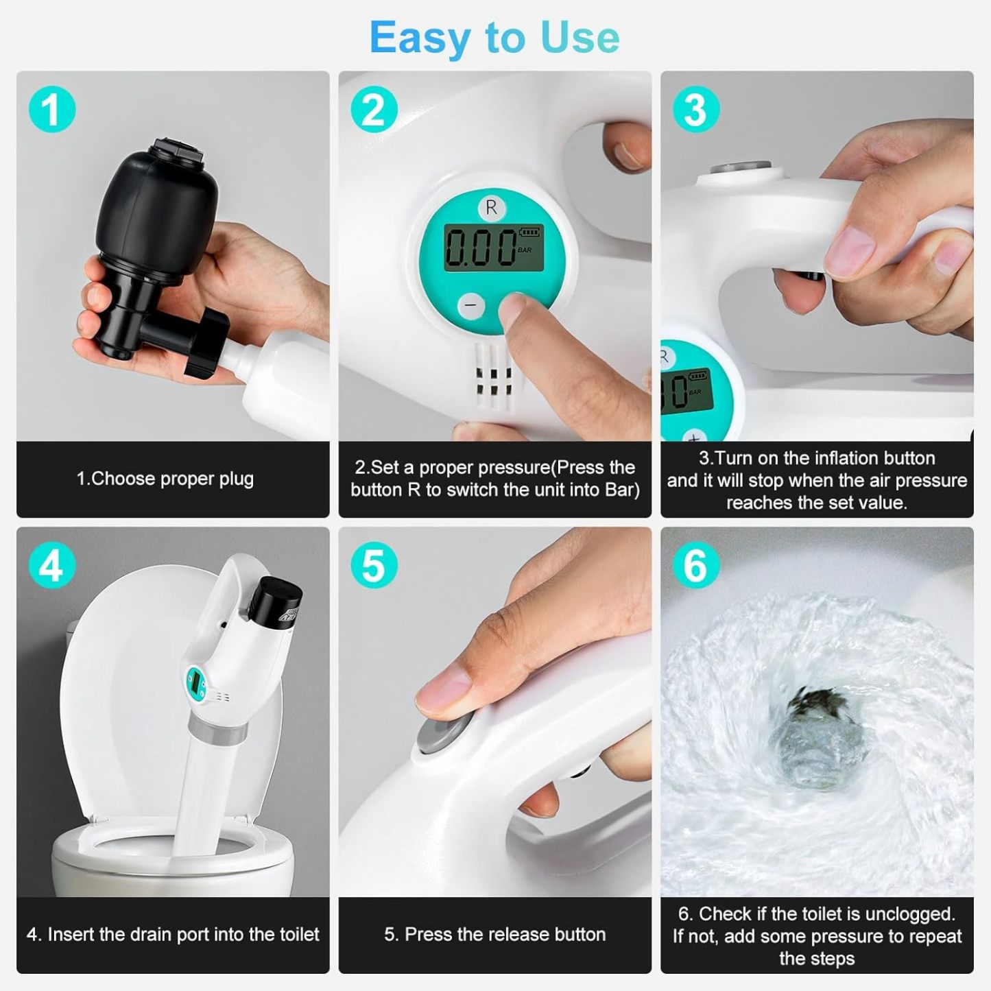 Yirenhouse Electric Toilet Plunger, High Pressure Air Drain Blaster with Digital Barometer, Cordless Drain Clog Remover Air Plunger with 4 Heads for Toilet Bathroom Kitchen Clogged Pipe Floor Drain
