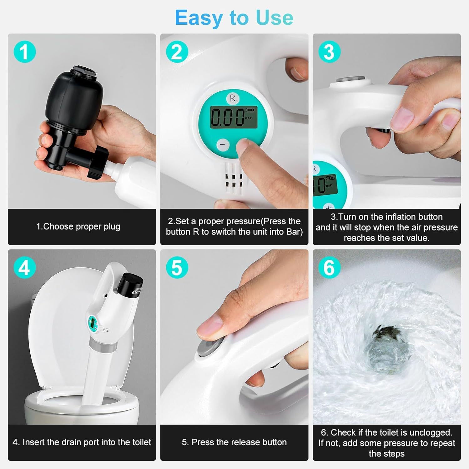Yirenhouse Electric Toilet Plunger, High Pressure Air Drain Blaster with Digital Barometer, Cordless Drain Clog Remover Air Plunger with 4 Heads for Toilet Bathroom Kitchen Clogged Pipe Floor Drain