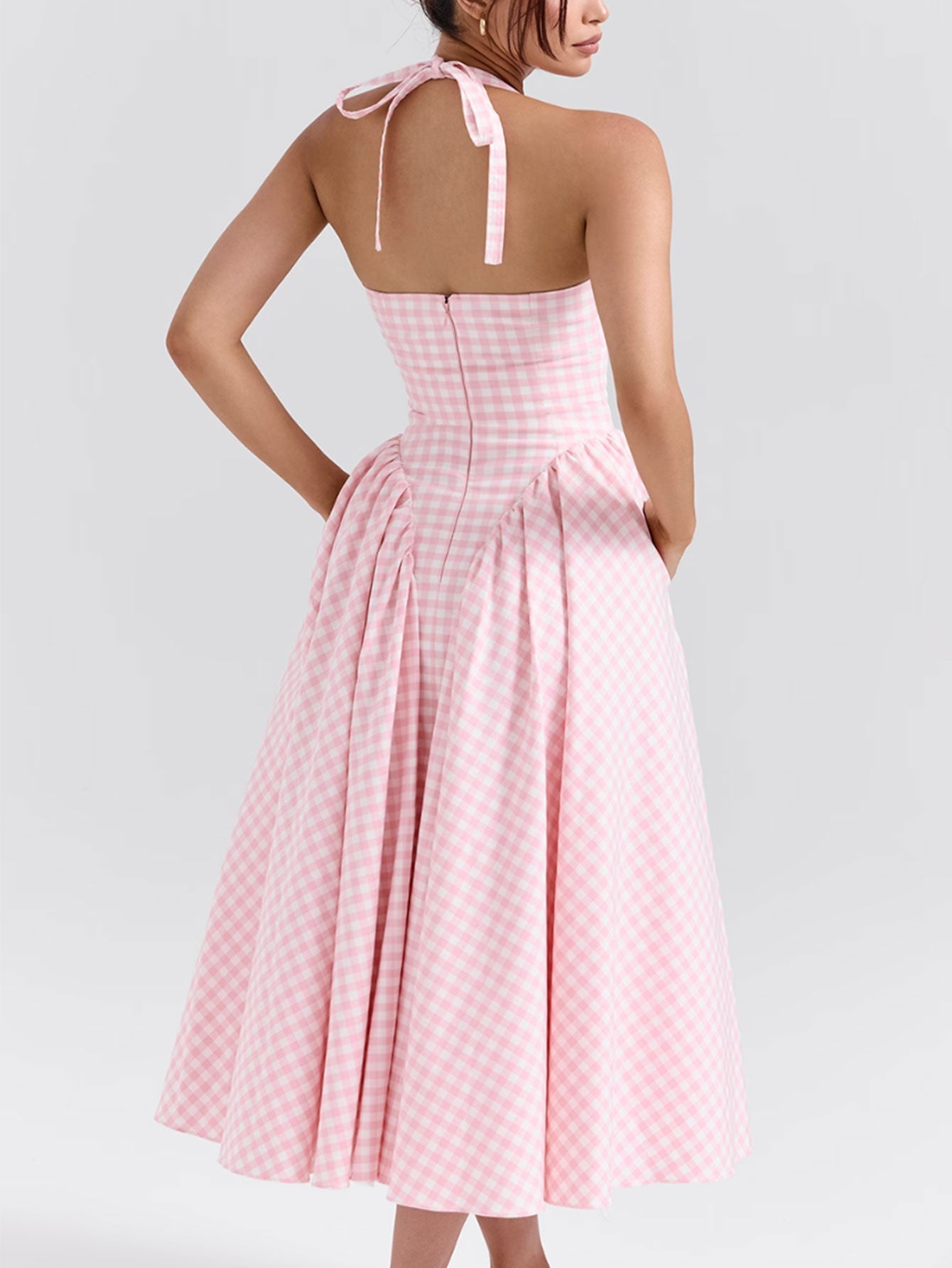 Women Pink Plaid Halterneck Deep V Neckline Midi Dress For Summer Parties and Events