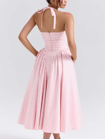 Women Pink Plaid Halterneck Deep V Neckline Midi Dress For Summer Parties and Events