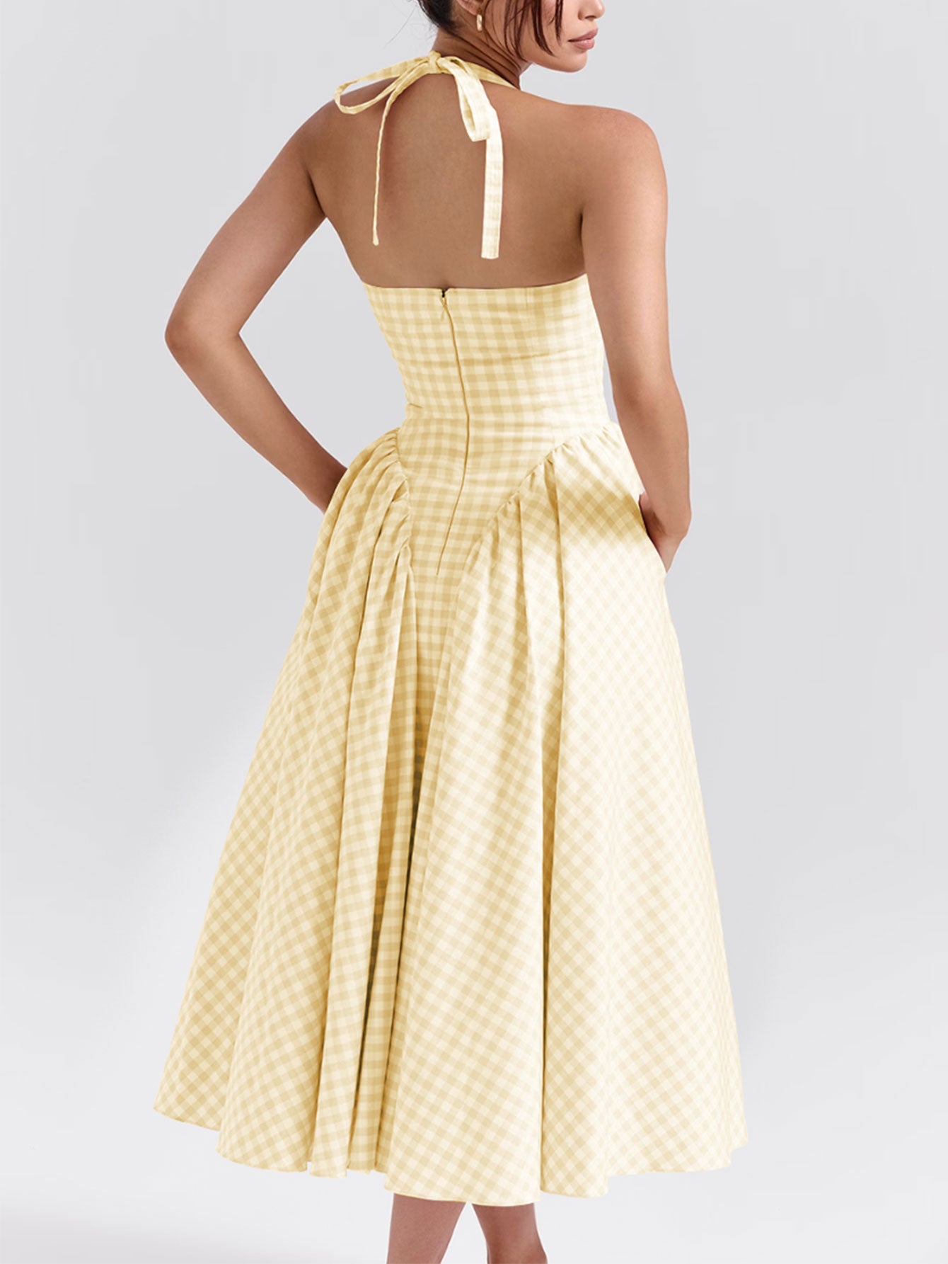 Women Pink Plaid Halterneck Deep V Neckline Midi Dress For Summer Parties and Events