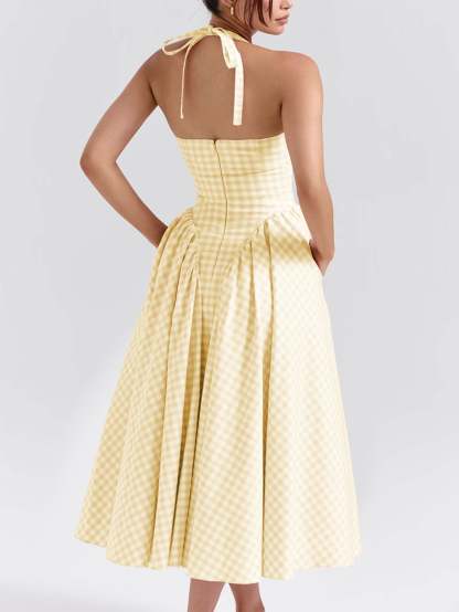 Women Pink Plaid Halterneck Deep V Neckline Midi Dress For Summer Parties and Events
