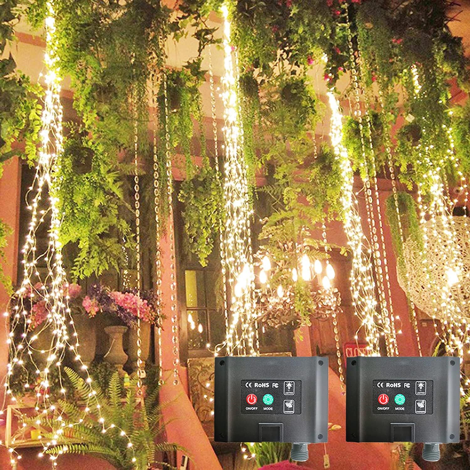 220 LED Firefly Bunch Lights Battery Operated, 8 Flashing Modes Waterproof Copper Wire Waterfall Lights, Remote Controlled Timer and Hooks, Fairy Lights for Indoor Outdoor Decor (Warm White)