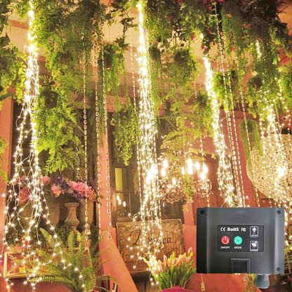 220 LED Firefly Bunch Lights Battery Operated, 8 Flashing Modes Waterproof Copper Wire Waterfall Lights, Remote Controlled Timer and Hooks, Fairy Lights for Indoor Outdoor Decor (Warm White)