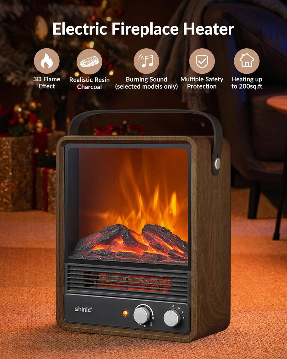 Electric Fireplace Heaters for Indoor Use,1500W Space Heater Fireplace with Realistic Flame & Fire Crackling Sound, Safety Protection, Portable Fireplace Heater for Home Office Christmas Decoration