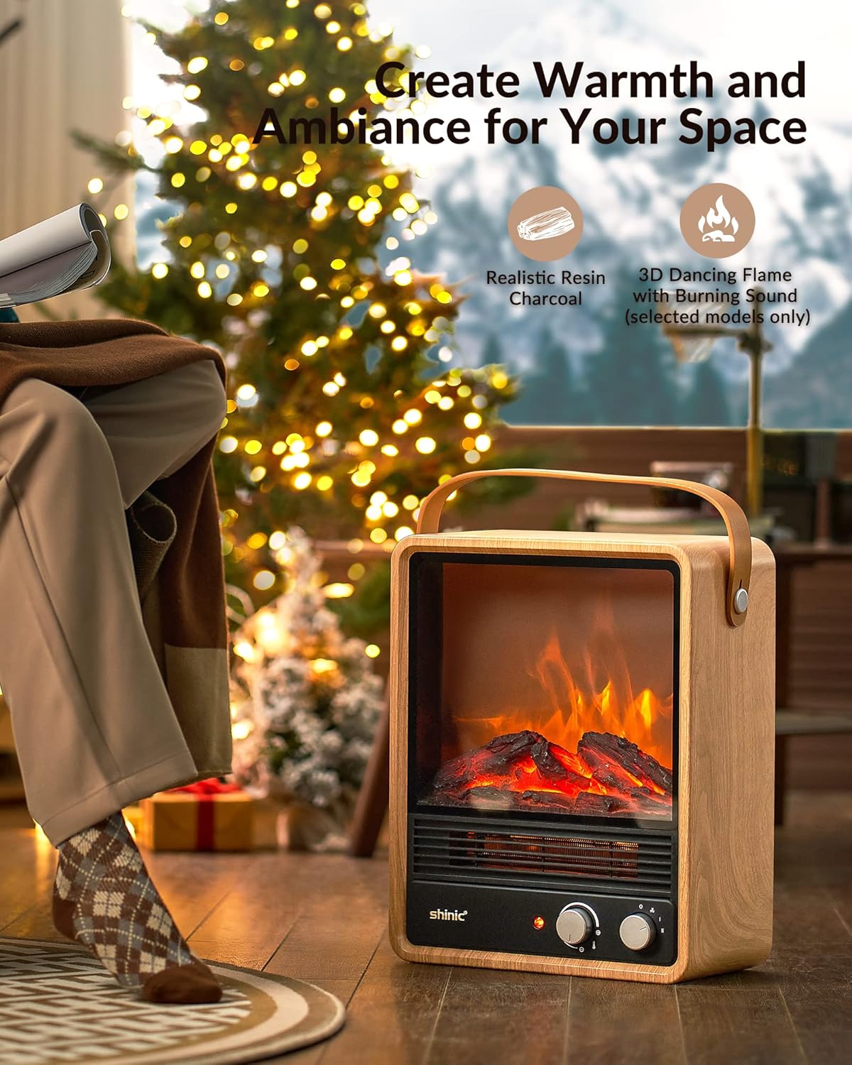 Electric Fireplace Heaters for Indoor Use,1500W Space Heater Fireplace with Realistic Flame & Fire Crackling Sound, Safety Protection, Portable Fireplace Heater for Home Office Christmas Decoration