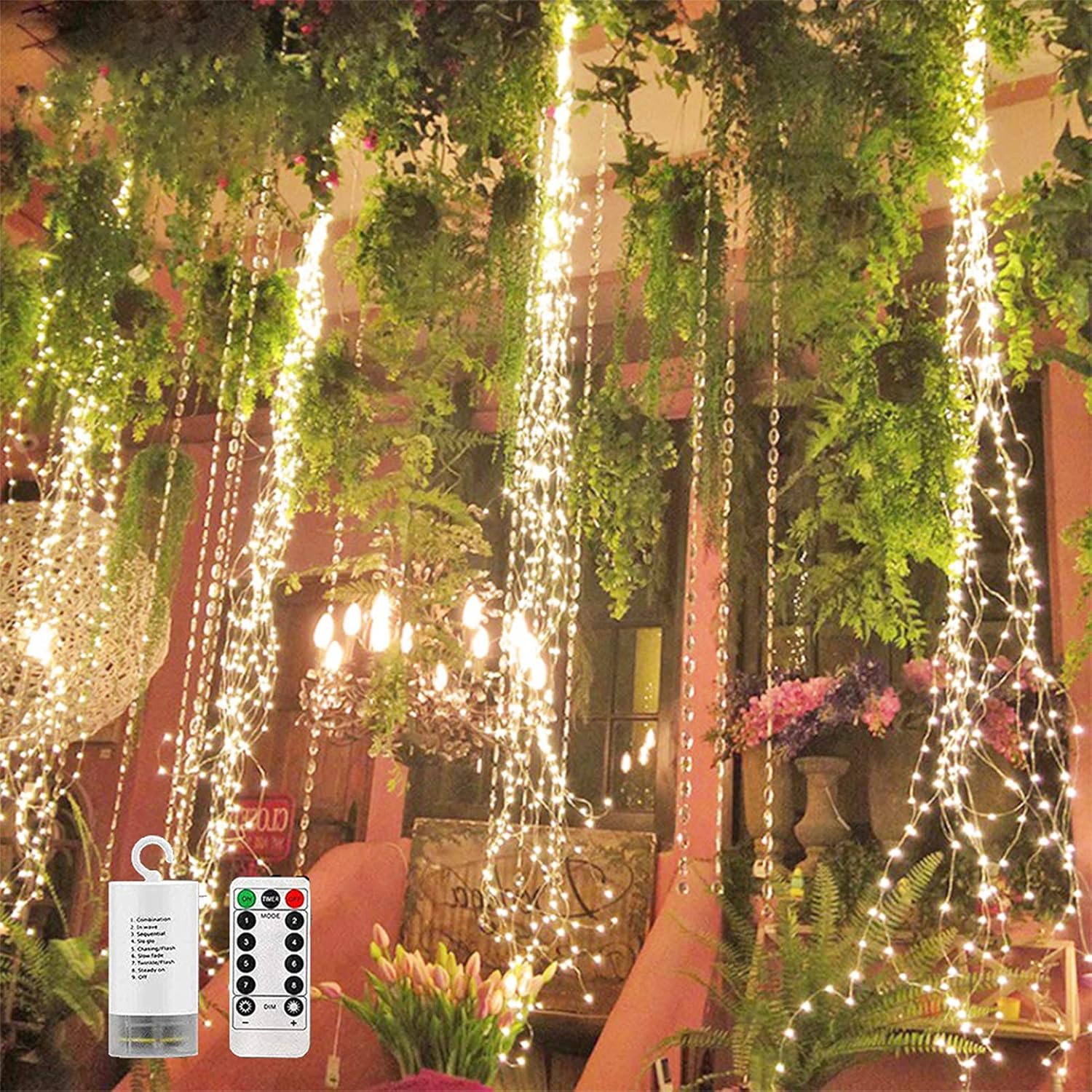 220 LED Firefly Bunch Lights Battery Operated, 8 Flashing Modes Waterproof Copper Wire Waterfall Lights, Remote Controlled Timer and Hooks, Fairy Lights for Indoor Outdoor Decor (Warm White)