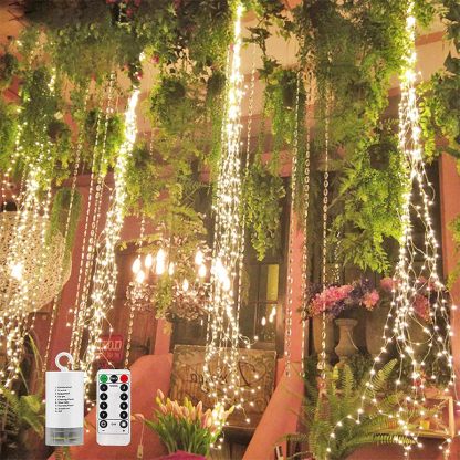220 LED Firefly Bunch Lights Battery Operated, 8 Flashing Modes Waterproof Copper Wire Waterfall Lights, Remote Controlled Timer and Hooks, Fairy Lights for Indoor Outdoor Decor (Warm White)