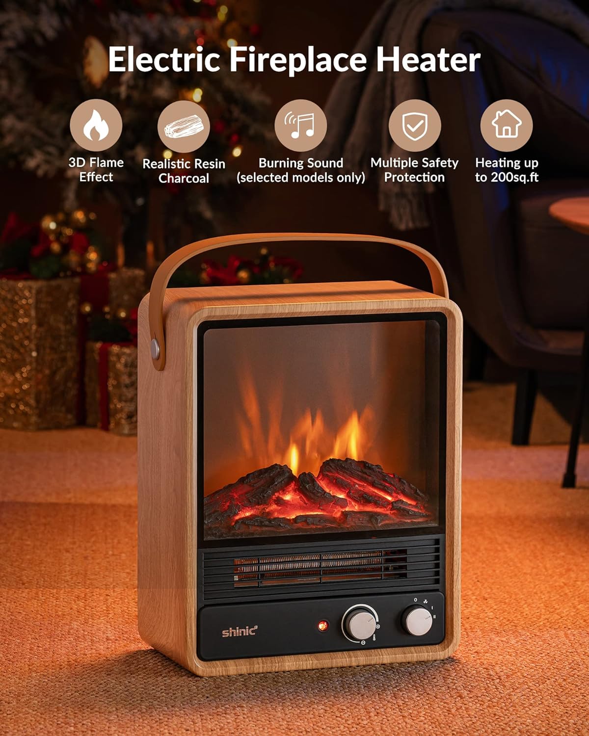 Electric Fireplace Heaters for Indoor Use,1500W Space Heater Fireplace with Realistic Flame & Fire Crackling Sound, Safety Protection, Portable Fireplace Heater for Home Office Christmas Decoration