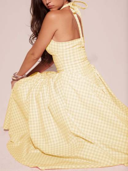 Women Pink Plaid Halterneck Deep V Neckline Midi Dress For Summer Parties and Events