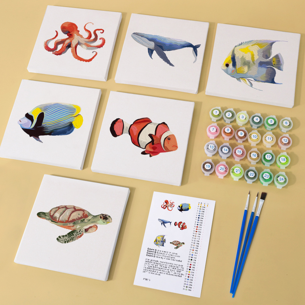 6 pieces, cute fish accessory digital mini painted set, 15x15cm/5.9x5.9 inches, handmade for home leisure, perfect gift for family and friends.