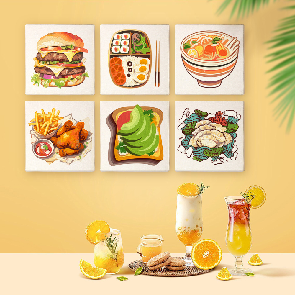 6 pieces, digital mini painted set of food desktop accessories, 15x15cm/5.9x5.9 inches, handmade for family leisure, perfect gift for friends and family.