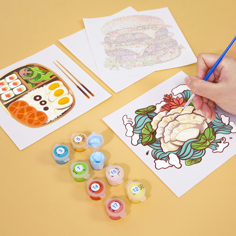 6 pieces, digital mini painted set of food desktop accessories, 15x15cm/5.9x5.9 inches, handmade for family leisure, perfect gift for friends and family.