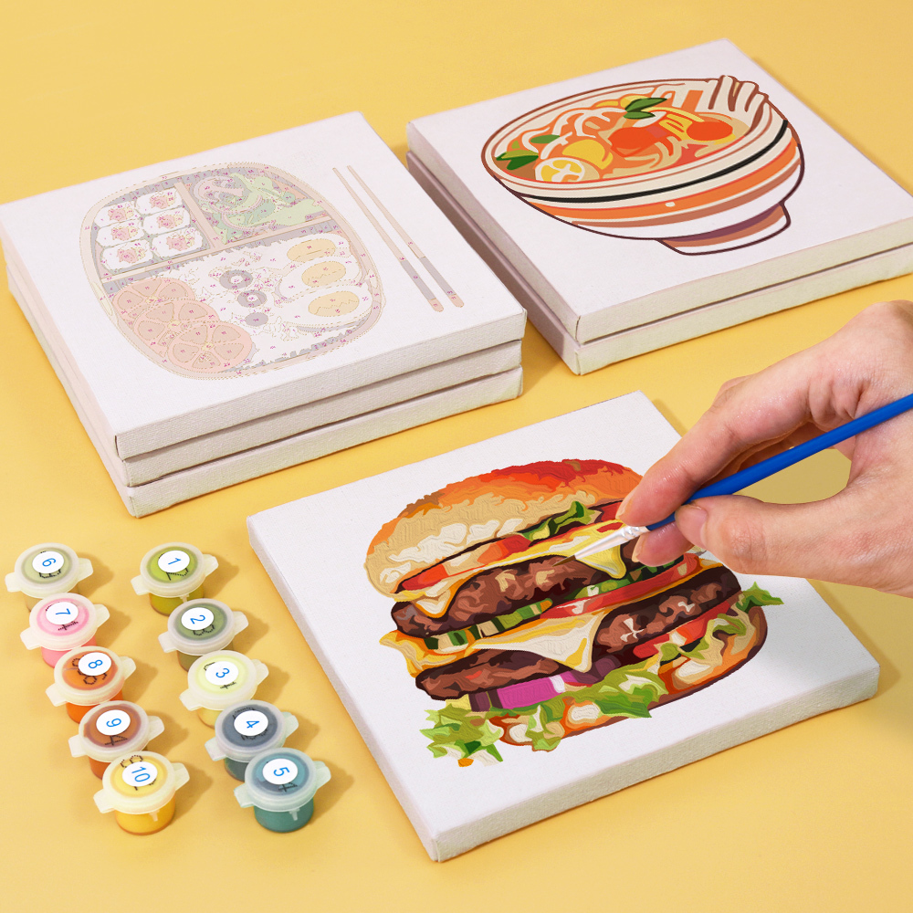 6 pieces, digital mini painted set of food desktop accessories, 15x15cm/5.9x5.9 inches, handmade for family leisure, perfect gift for friends and family.