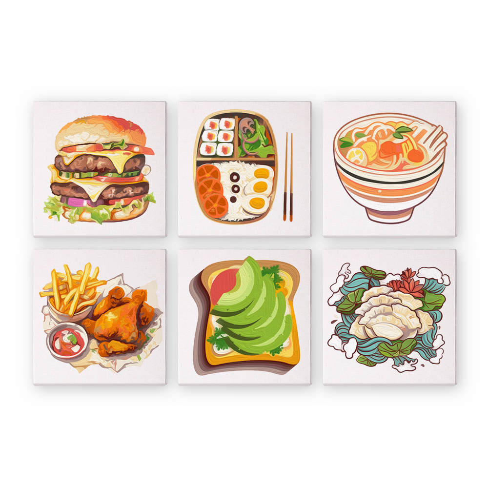 6 pieces, digital mini painted set of food desktop accessories, 15x15cm/5.9x5.9 inches, handmade for family leisure, perfect gift for friends and family.