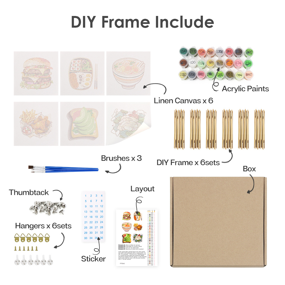 6 pieces, digital mini painted set of food desktop accessories, 15x15cm/5.9x5.9 inches, handmade for family leisure, perfect gift for friends and family.