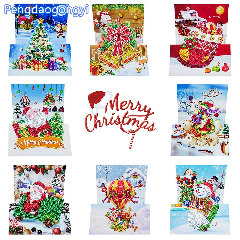 Customized Christmas card with diamond artwork for children DIY handmade diamond stickers, 3D folding blessing cards