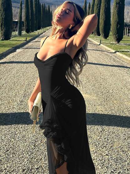 Spaghetti Strap Ruffles Hem High Low Frill Maxi Dress
