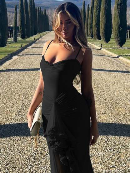 Spaghetti Strap Ruffles Hem High Low Frill Maxi Dress