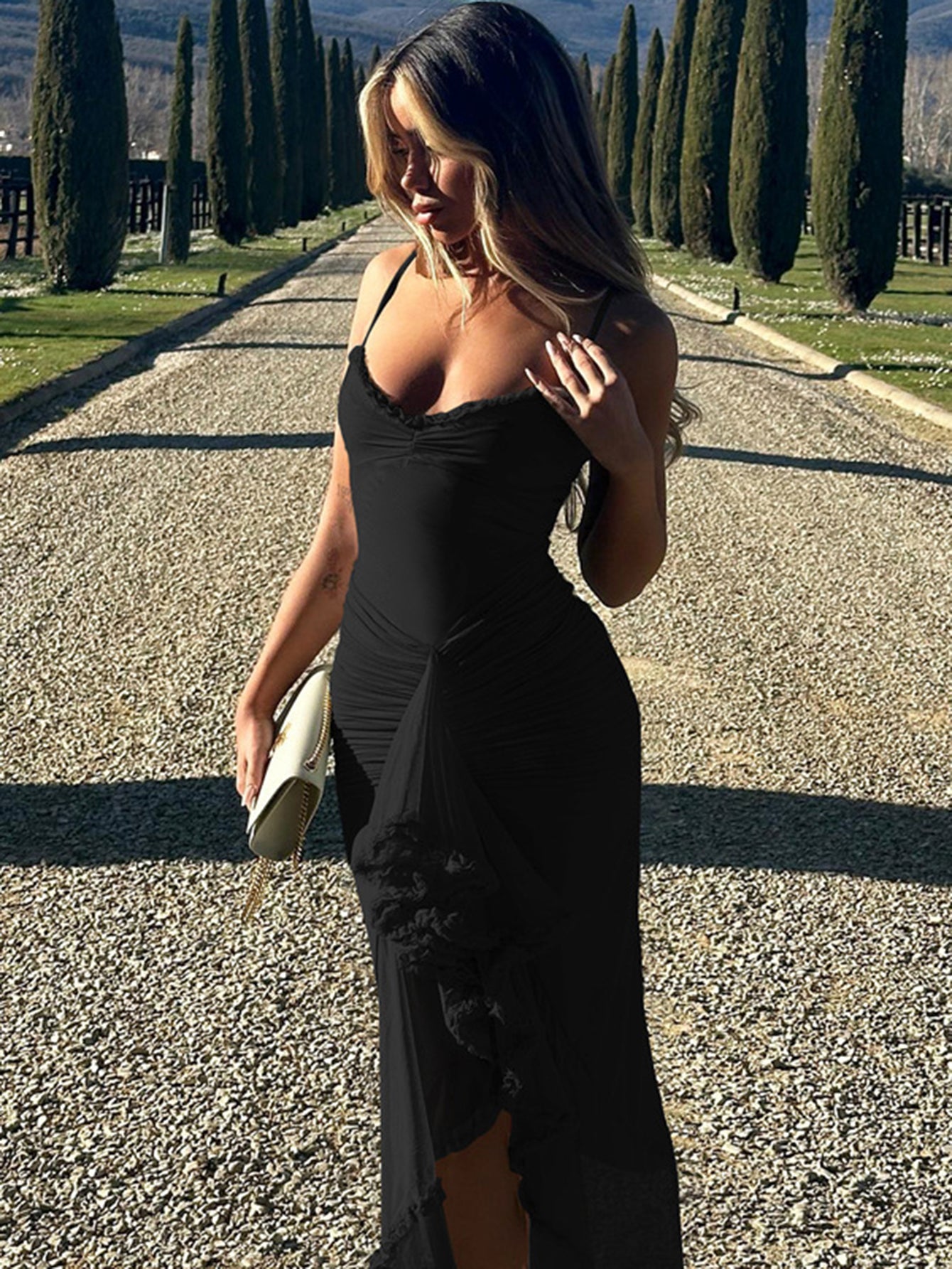 Spaghetti Strap Ruffles Hem High Low Frill Maxi Dress