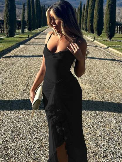 Spaghetti Strap Ruffles Hem High Low Frill Maxi Dress