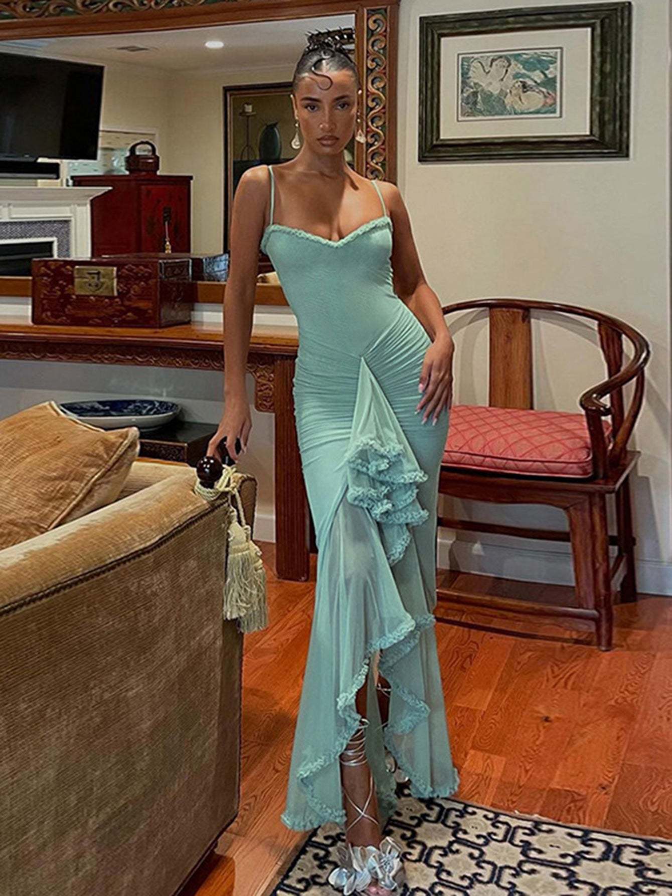 Spaghetti Strap Ruffles Hem High Low Frill Maxi Dress