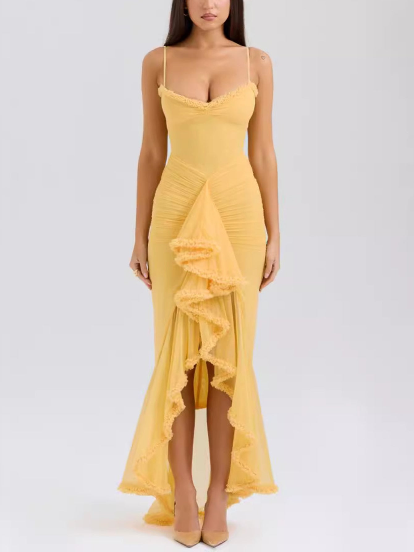 Spaghetti Strap Ruffles Hem High Low Frill Maxi Dress