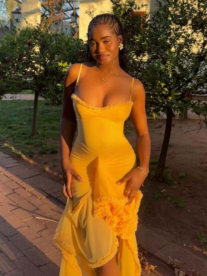 Spaghetti Strap Ruffles Hem High Low Frill Maxi Dress