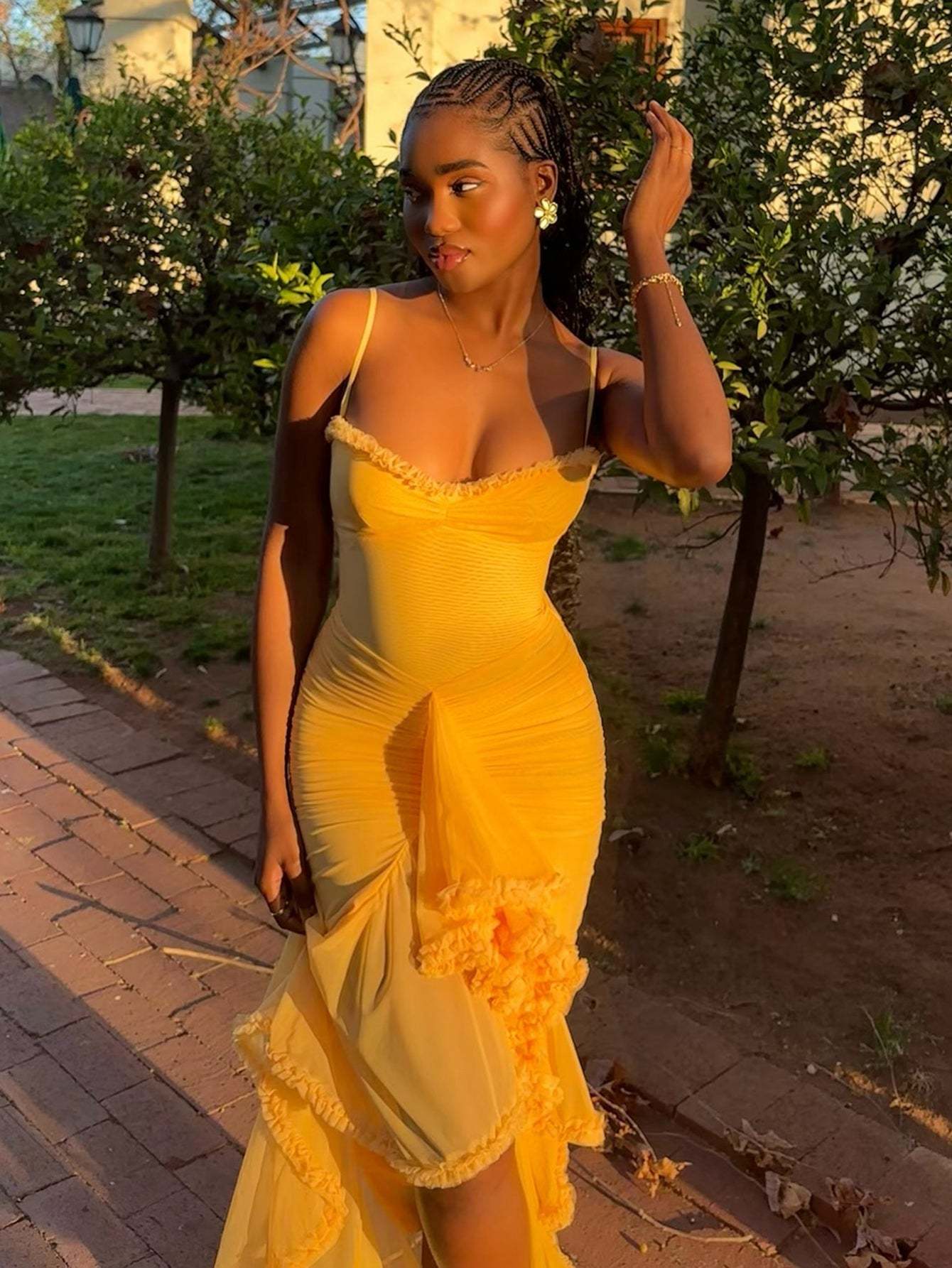Spaghetti Strap Ruffles Hem High Low Frill Maxi Dress