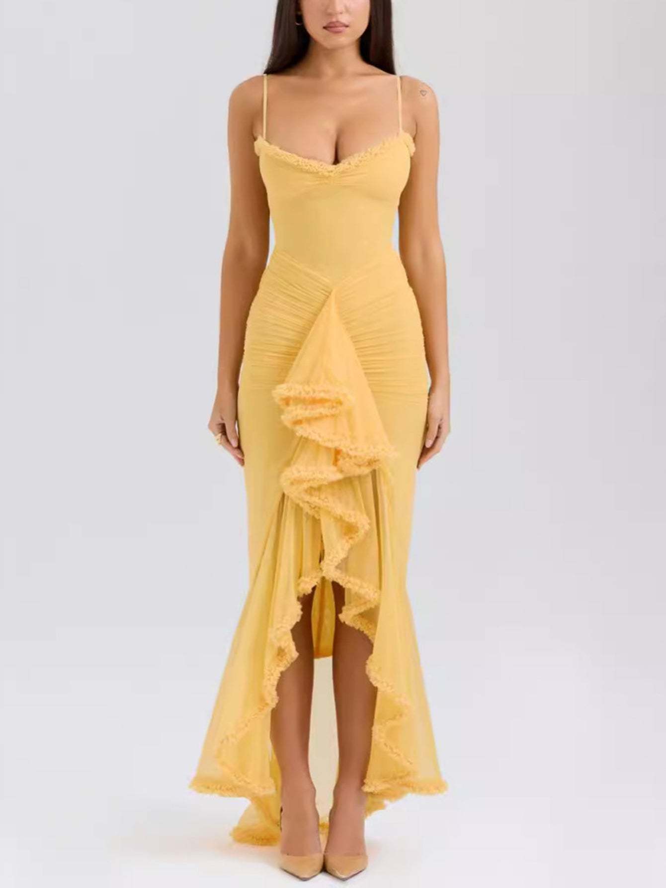 Spaghetti Strap Ruffles Hem High Low Frill Maxi Dress
