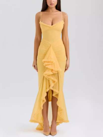 Spaghetti Strap Ruffles Hem High Low Frill Maxi Dress