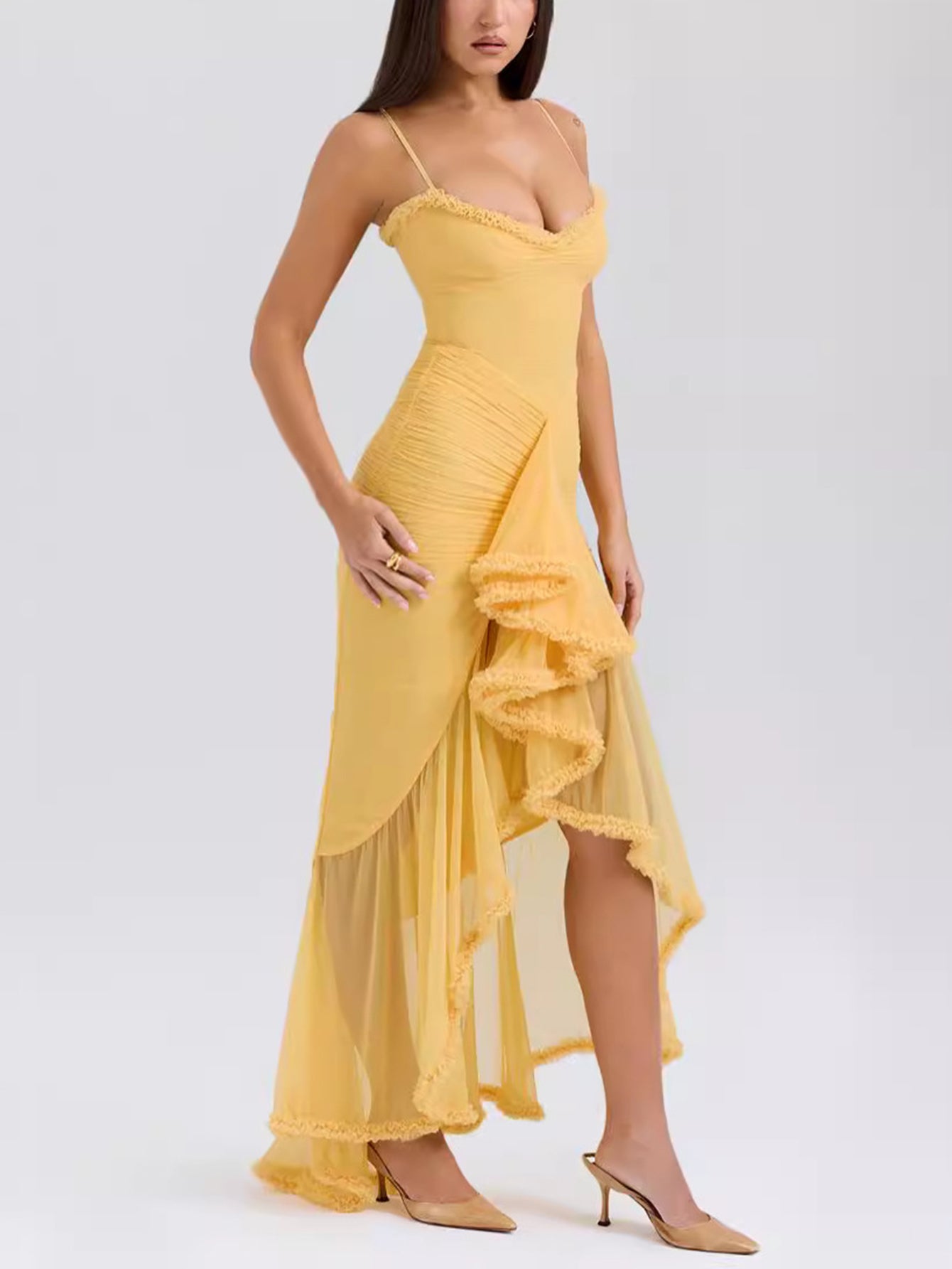 Spaghetti Strap Ruffles Hem High Low Frill Maxi Dress