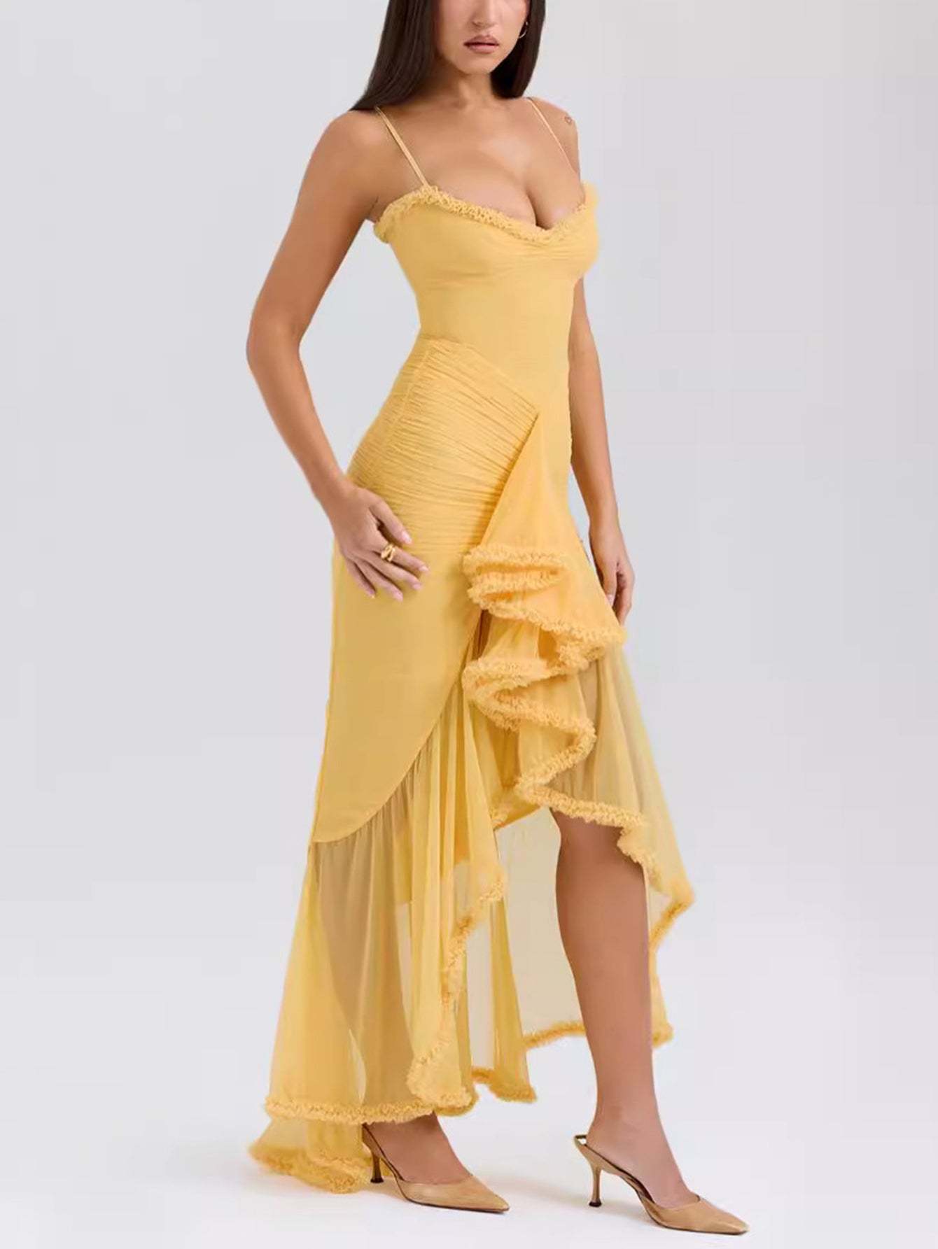 Spaghetti Strap Ruffles Hem High Low Frill Maxi Dress