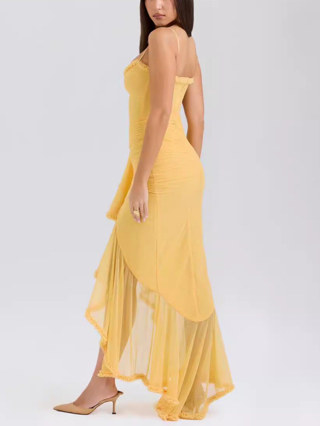 Spaghetti Strap Ruffles Hem High Low Frill Maxi Dress